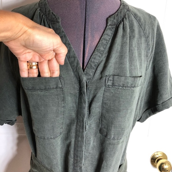 Lucky Brand Linen Blend Army Green Button Closure Pockets Belted Midi Dress S - Picture 5 of 15